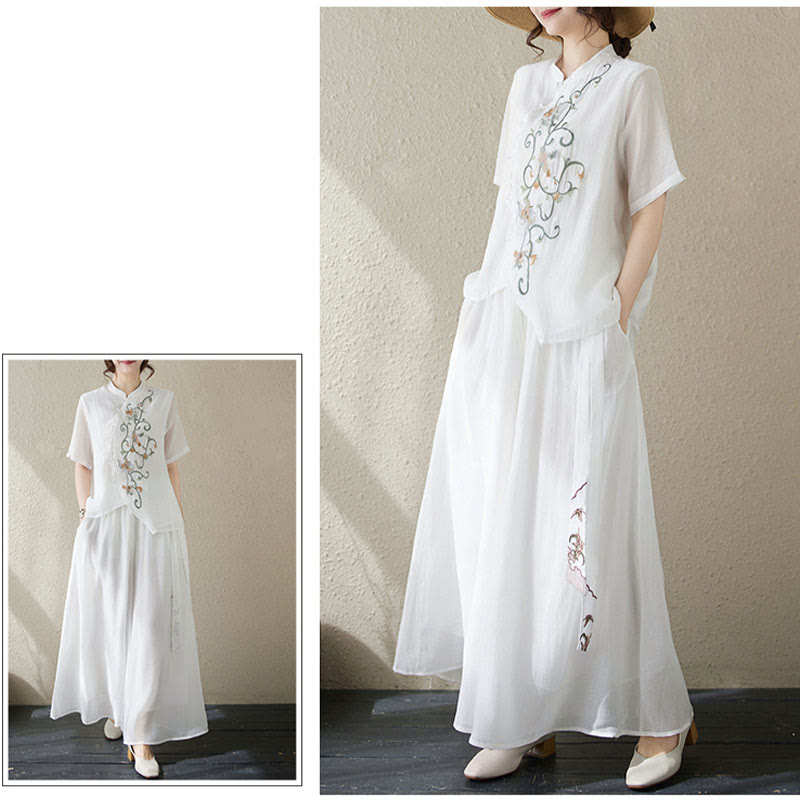 2Pcs Flower Embroidery Short Sleeve Tee T-shirt Wide Leg Pants Set