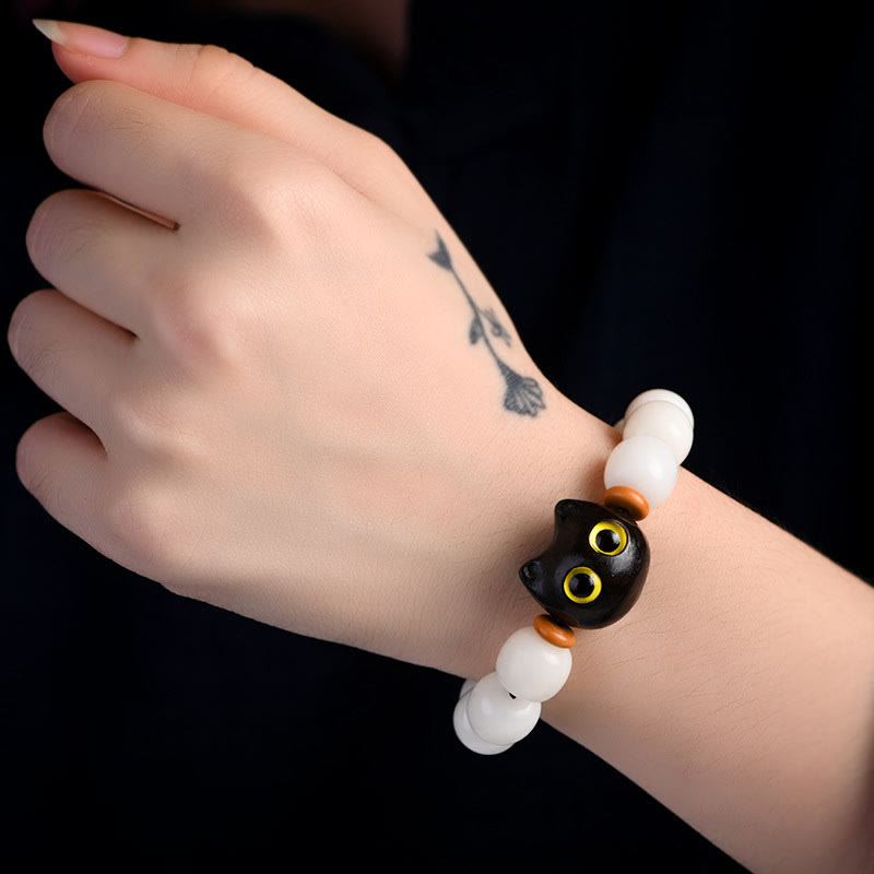 Natural Bodhi Seed Small Leaf Red Sandalwood Ebony Wood Cute Lucky Cat Wisdom Bracelet