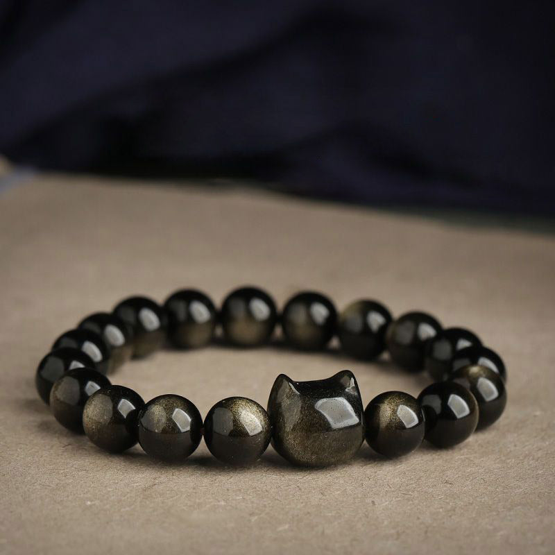 Handmade Gold & Silver Sheen Obsidian Feline Motif Beaded Bracelet