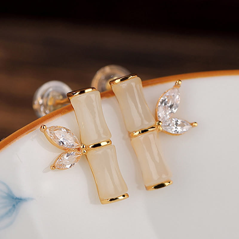 Gold Plated 925 Sterling Silver Bamboo Pattern Jade and Agate Stud Earrings