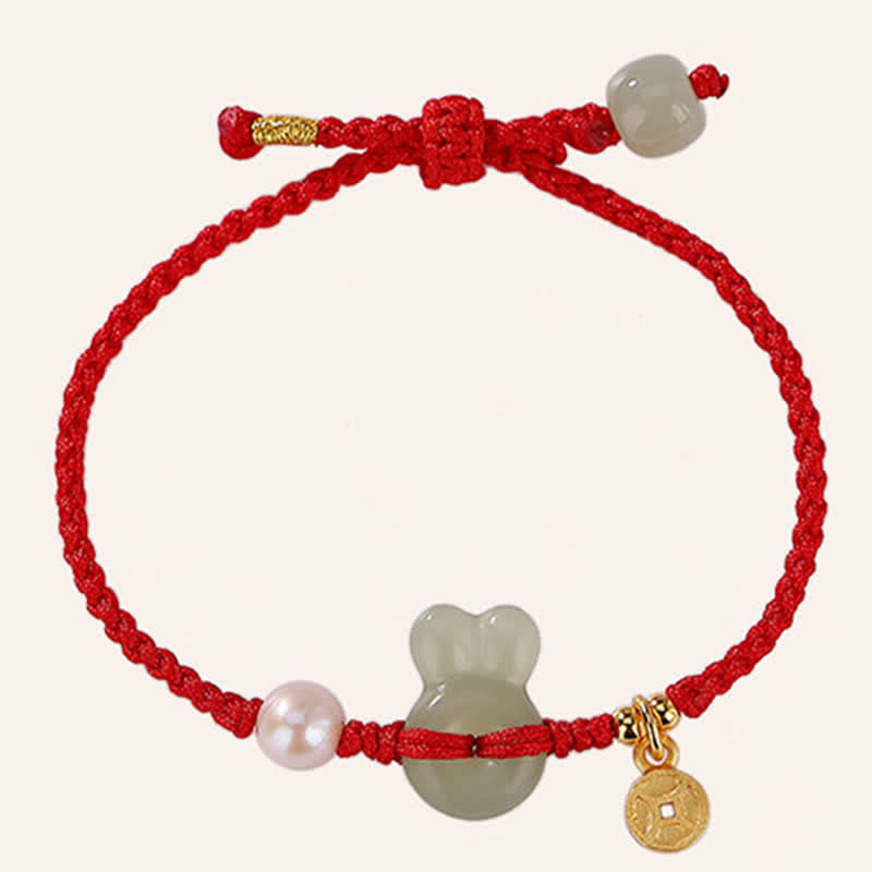 925 Sterling Silver Hetian Jade & Pearl Rabbit Chinese Coin Red String Bracelet