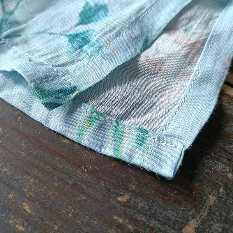 Light Green Pink Flowers Green Leaves Frog-Button Long Sleeve Ramie Linen Jacket Shirt