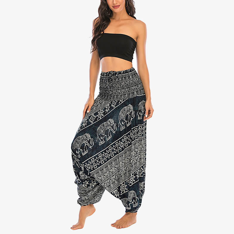 Two Style Wear Elephant Pattern Loose Smocked Harem Trousers Jumpsuit Women's Yoga Pants