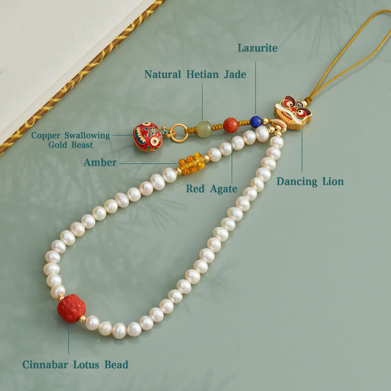 Natural Pearl Cinnabar Money Bag Bell Gold Swallowing Beast Dancing Lion Healing Phone Hanging Decoration