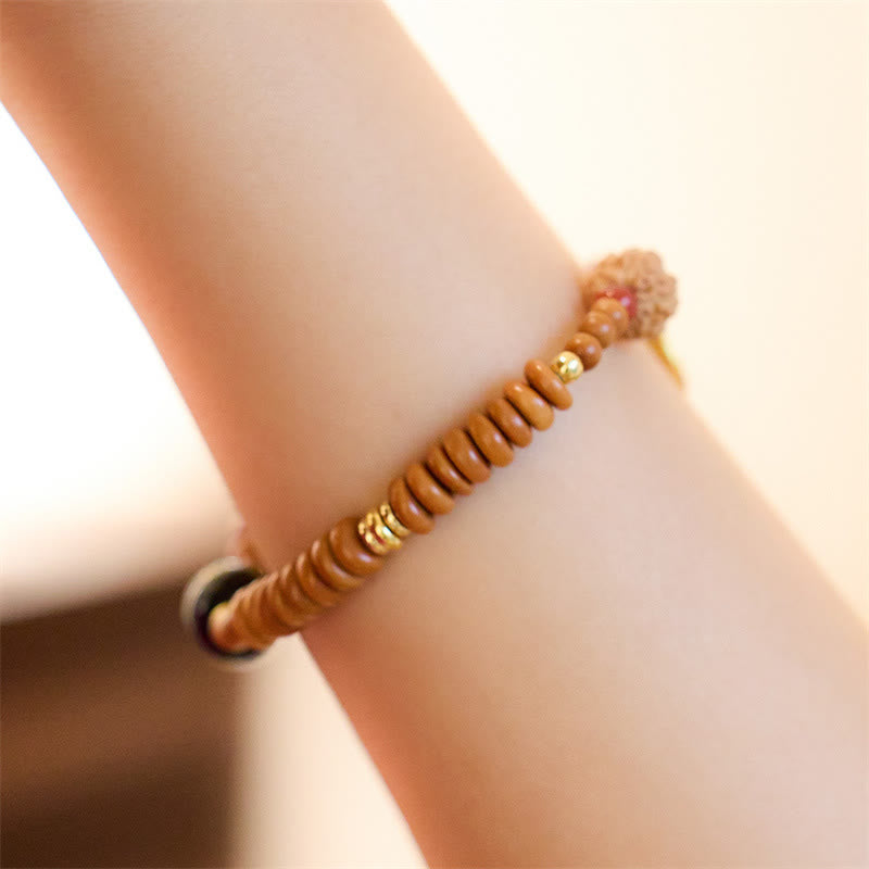 Tibetan Bodhi Seed Om Mani Fu Gold Copper Gemstone Bracelet with Red Agate & Olive Wood