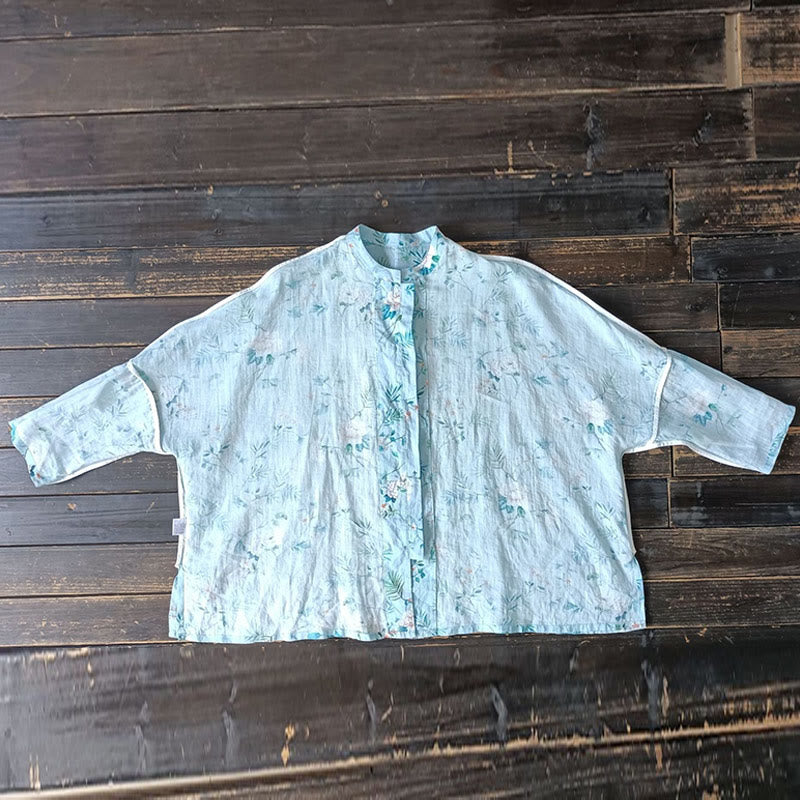 Light Green Pink Flowers Green Leaves Frog-Button Long Sleeve Ramie Linen Jacket Shirt