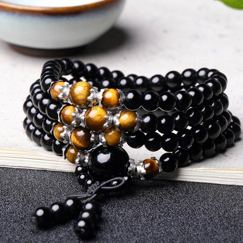 108 Beads Natural Black Obsidian Tiger Eye Mala Bracelet