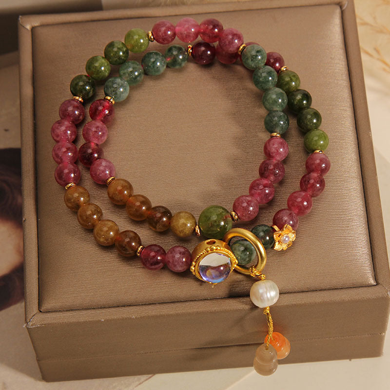 Multicolored Tourmaline Double Wrap Bracelet with Wu Lou Gourd Charm