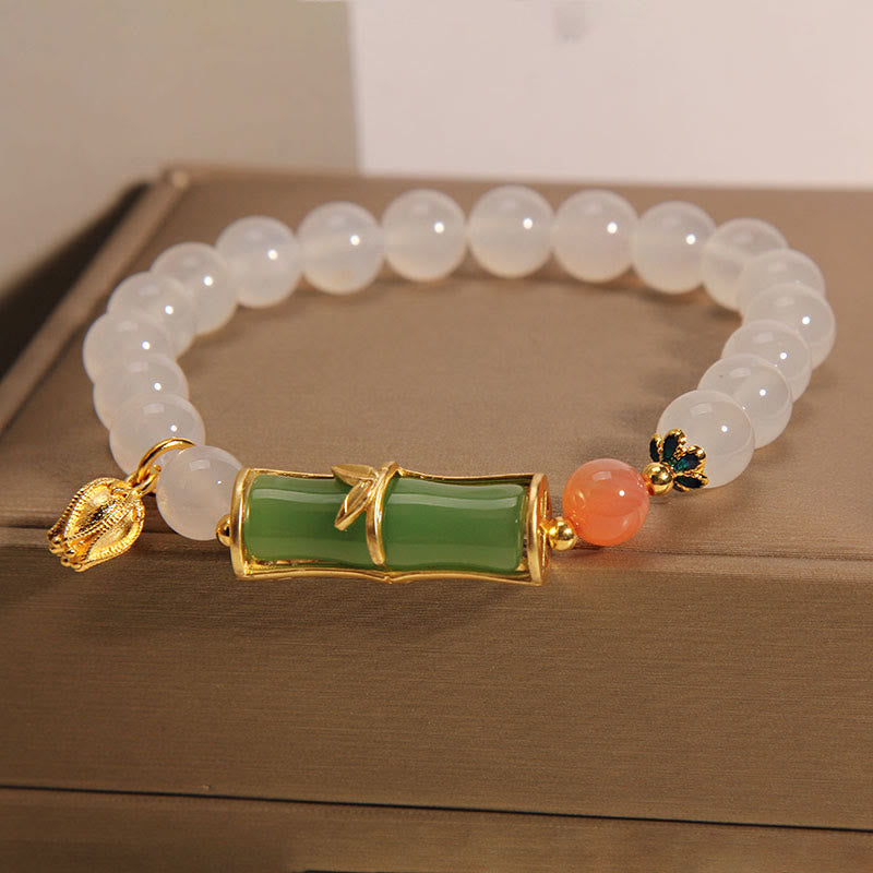Natural White Agate Jadeite Bamboo Bead Bracelet (14-16cm Wrist) for Clarity