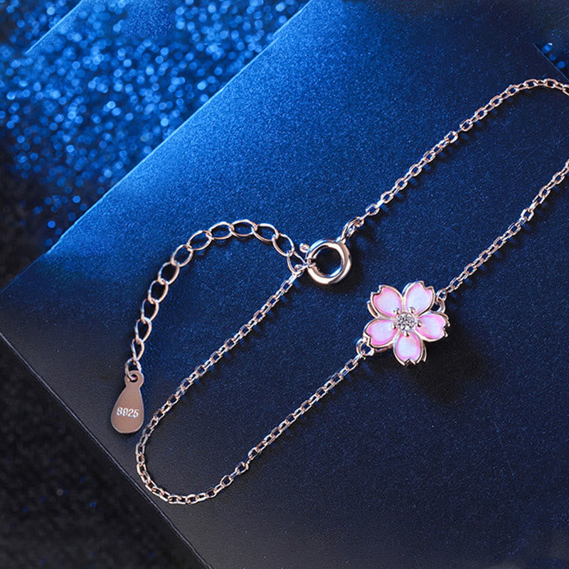 925 Sterling Silver Cherry Blossom Blessing Chain Bracelet Rotatable Ring