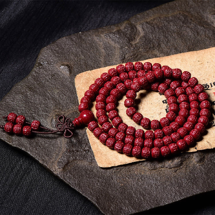 108 Mala Beads Cinnabar Om Mani Padme Hum Pattern Engraved Blessing Bracelet