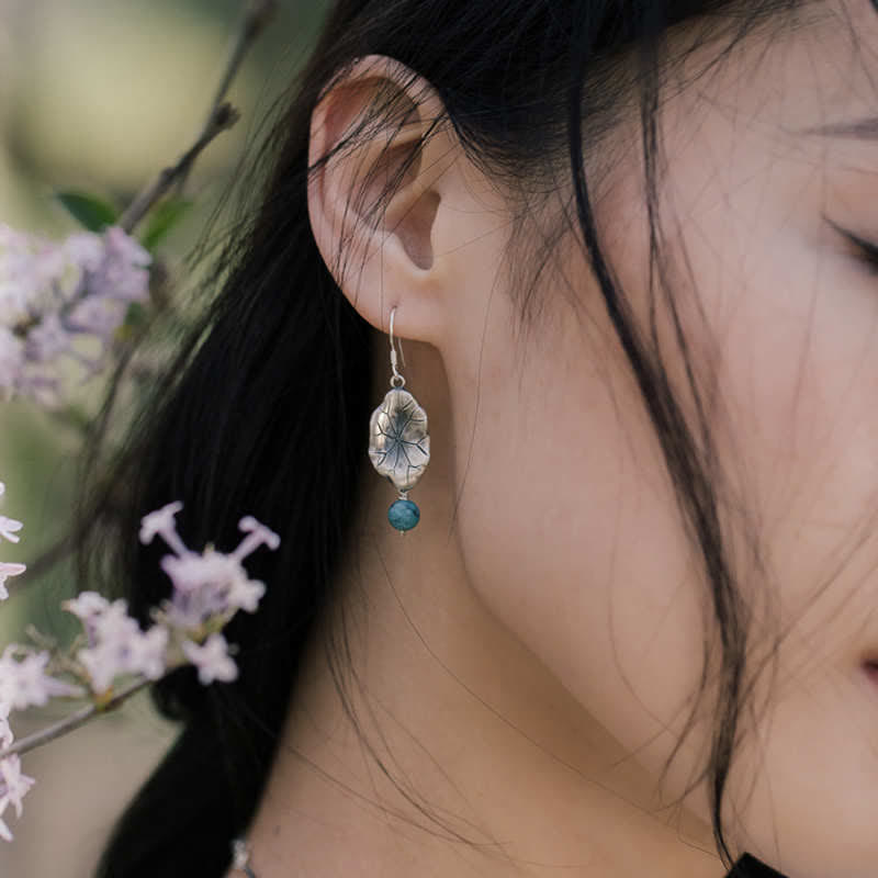 925 Sterling Silver Turquoise Lotus Leaf Handcrafted Drop Dangle Earrings