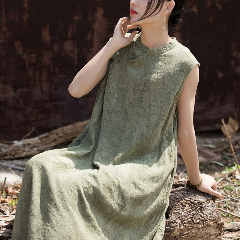Handmade Tie Dye Midi Dress Linen Sleeveless Dress