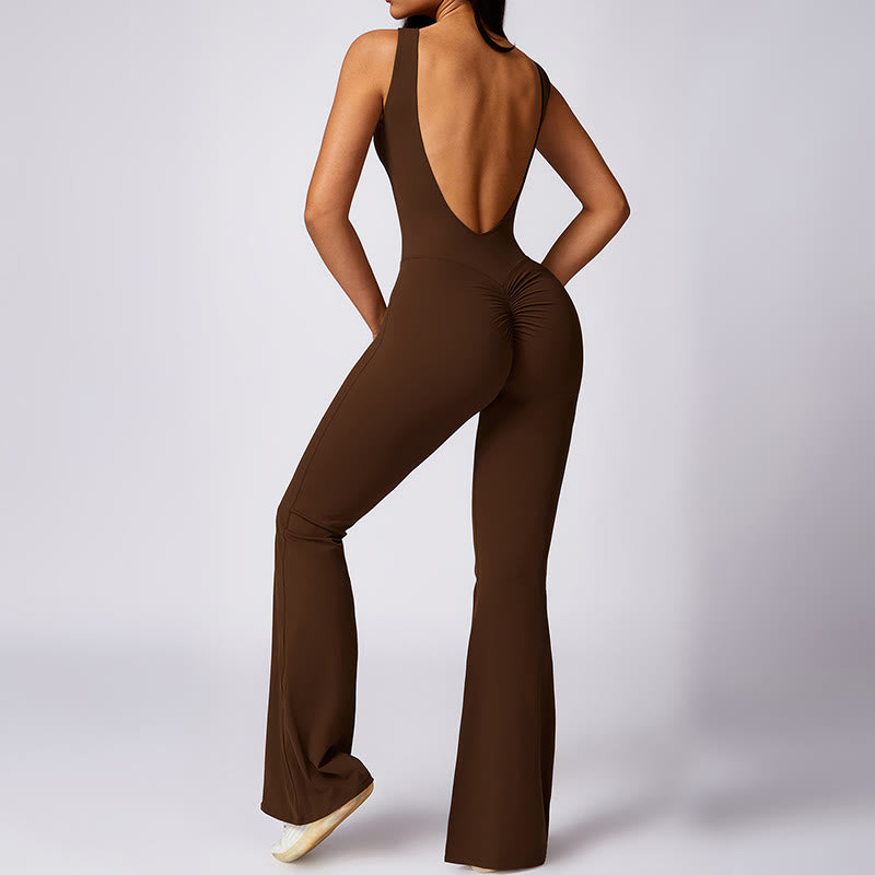 Women Casual Sleeveless Jumpsuit Flare Pants Sports Fitness Yoga Bodysuit