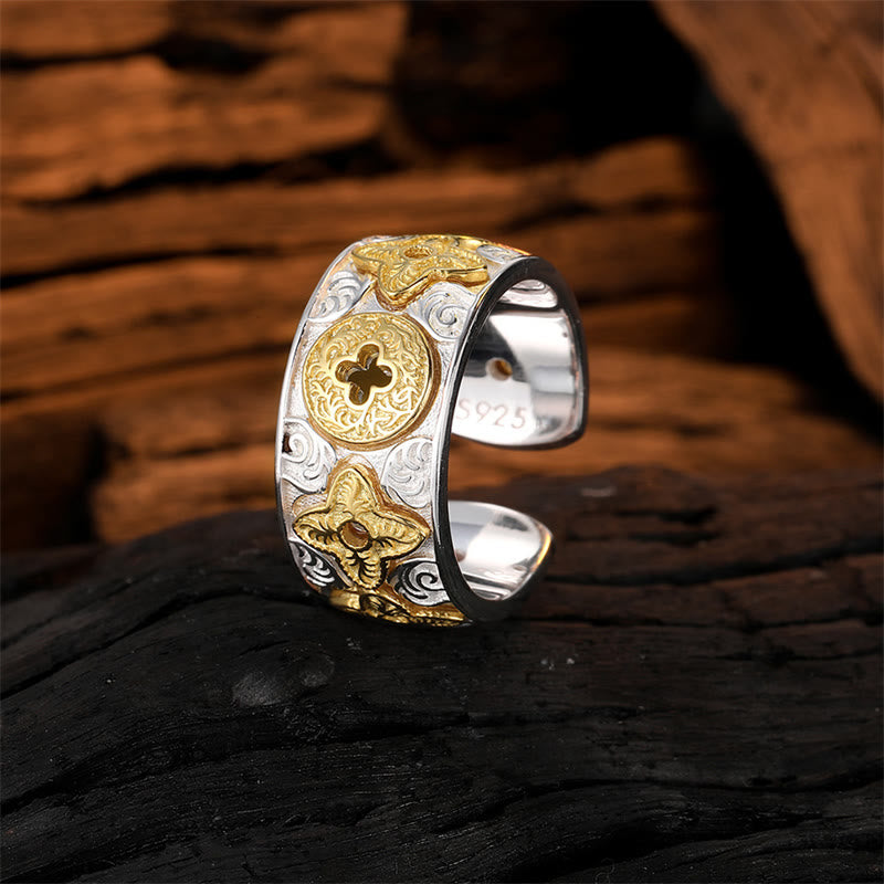 925 Sterling Silver Vintage Tang Dynasty Flower Design Luck Ring