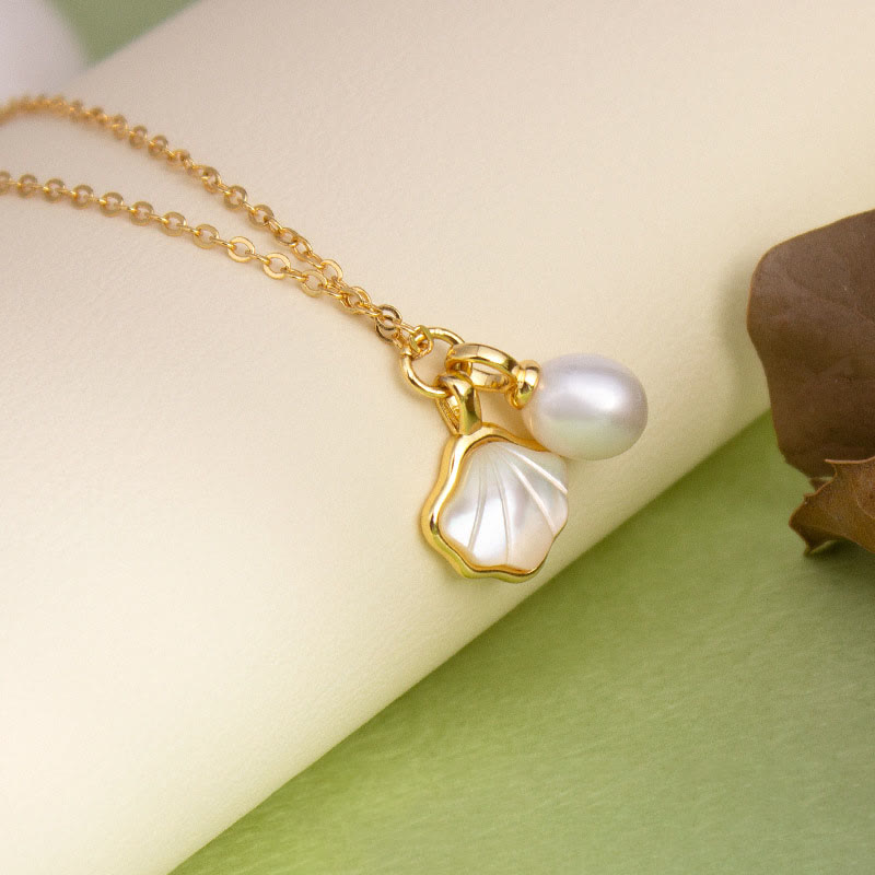 Ginkgo Tridacna Stone Pearl Bead Copper Blessing Necklace Pendant Ring Earrings Set