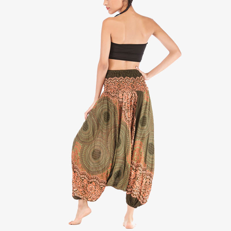 Two Style Wear Round Geometric Pattern Loose Smocked Harem Trousers Jumpsuit High Waist Women's Yoga Pants