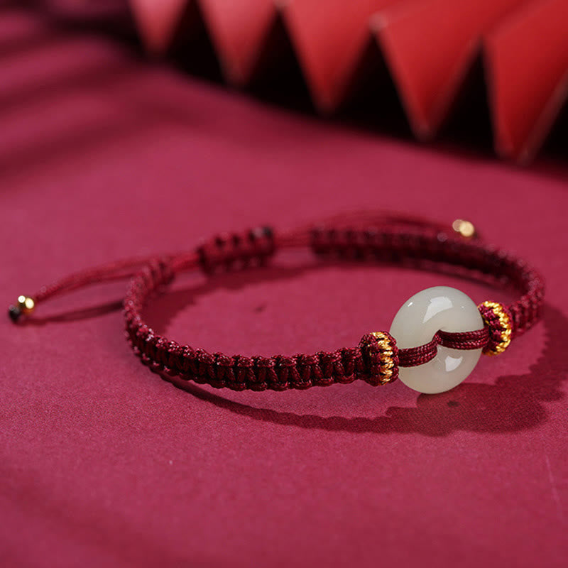 Hand-Braided Jade Ping An Kou Red String Adjustable Bracelet