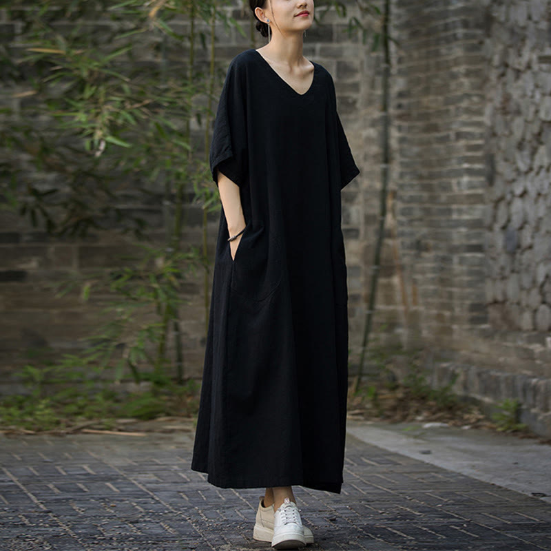 Solid Color V-Neck Half Sleeve Ramie Linen Midi Dress With Pockets