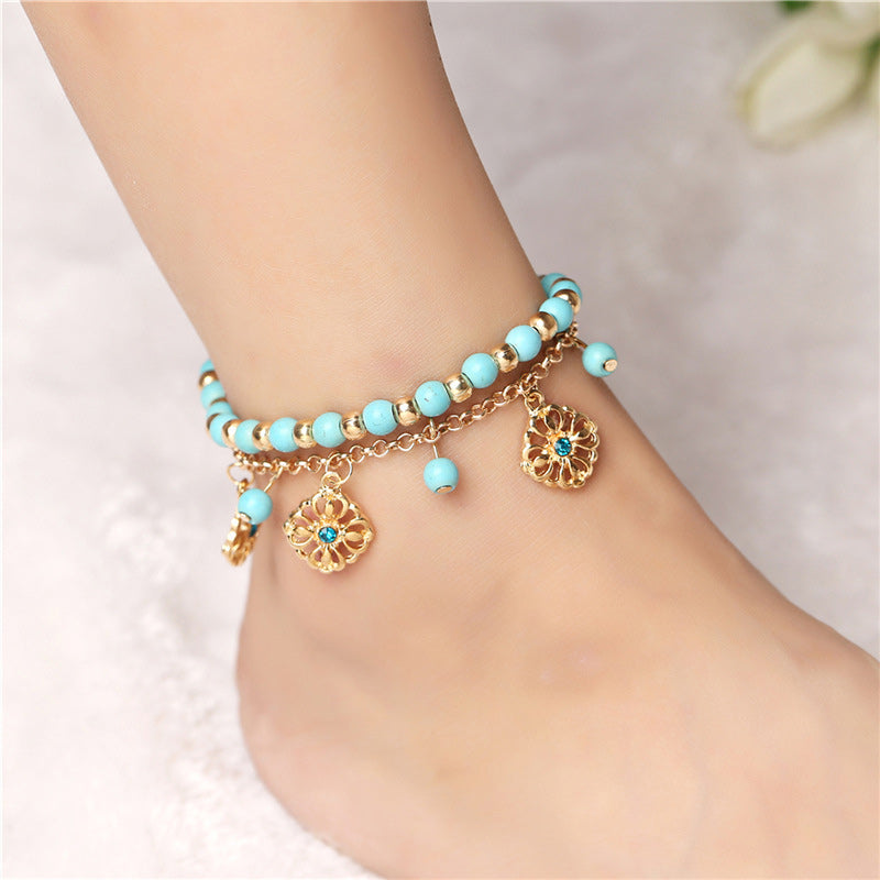 2Pcs Turquoise Flower Charm Bracelet and Anklet Set