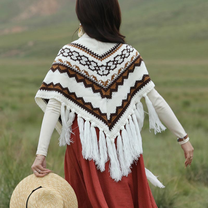 Tibetan Triangular Shawl Striped Tassels Winter Cozy Travel Scarf Wrap