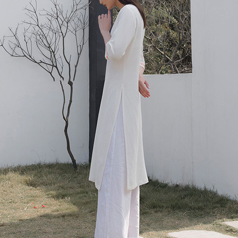2Pcs V-neck Embroidery Yoga Clothing Zen Meditation Cotton Linen Top Pants Women's Set