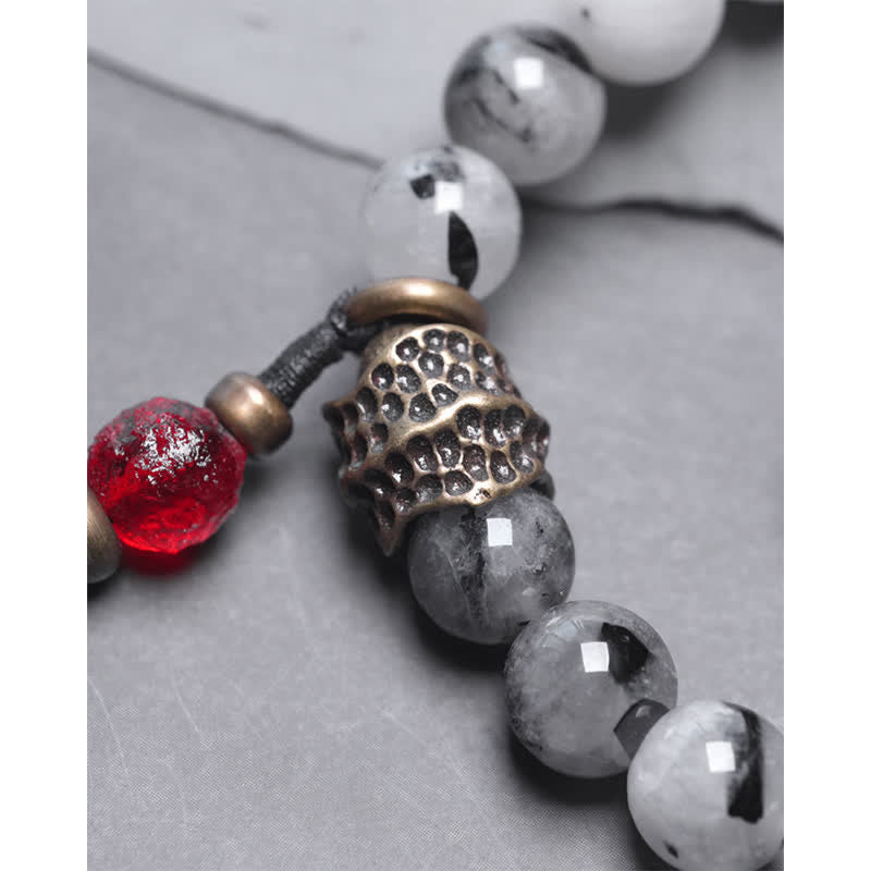 Black Rutilated Quartz, Ebony Wood, Obsidian & Clear Quartz Copper Couple Bracelet