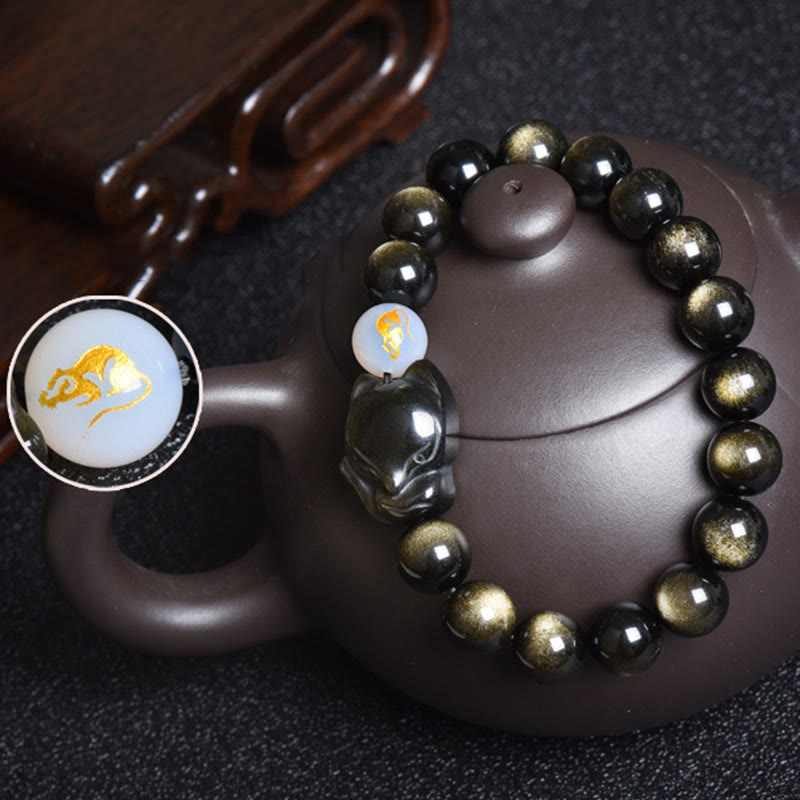 Natural Rainbow Obsidian Gold Sheen Obsidian Silver Sheen Obsidian Fox Healing Bracelet
