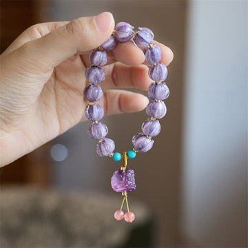 Guardian Lion & Lotus Charm Fluorite Liuli Glass Beaded Bracelet