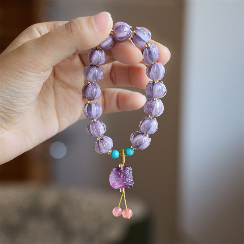 Guardian Lion & Lotus Charm Fluorite Liuli Glass Beaded Bracelet