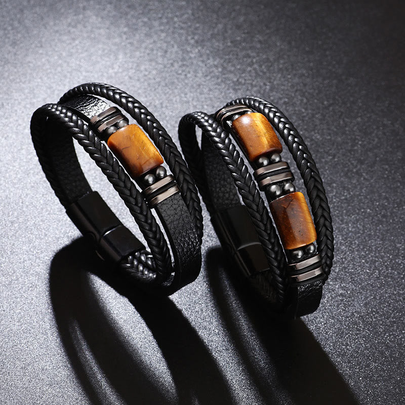 Tiger Eye Power Magnetic Buckle Multilayered Leather Bracelet