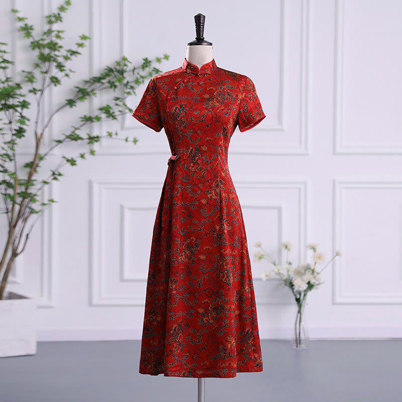 Vintage Auspicious Clouds Leaf Print Cheongsam Dress Women's Qipao Dress