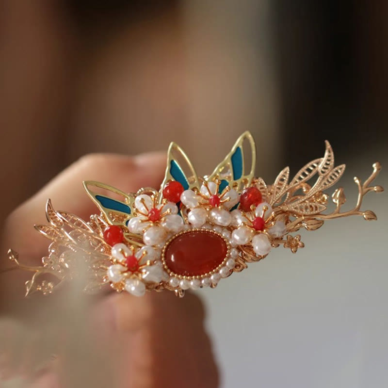 Classical Chinese Style Flower Branche Butterfly Pearl Tassel Hair Clip Hair Comb Hair Crown