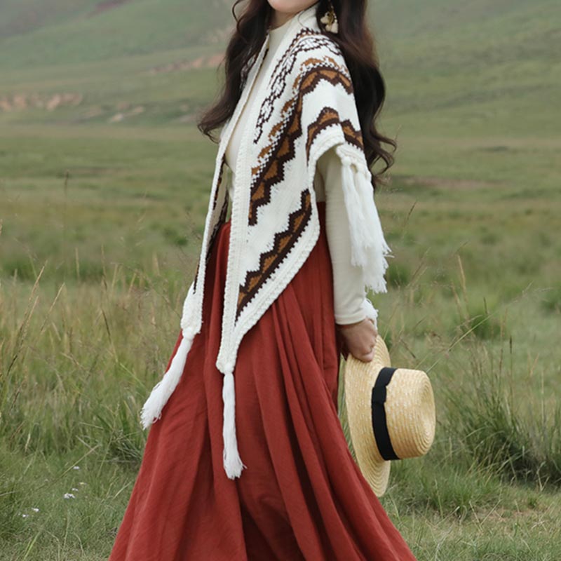 Tibetan Triangular Shawl Striped Tassels Winter Cozy Travel Scarf Wrap