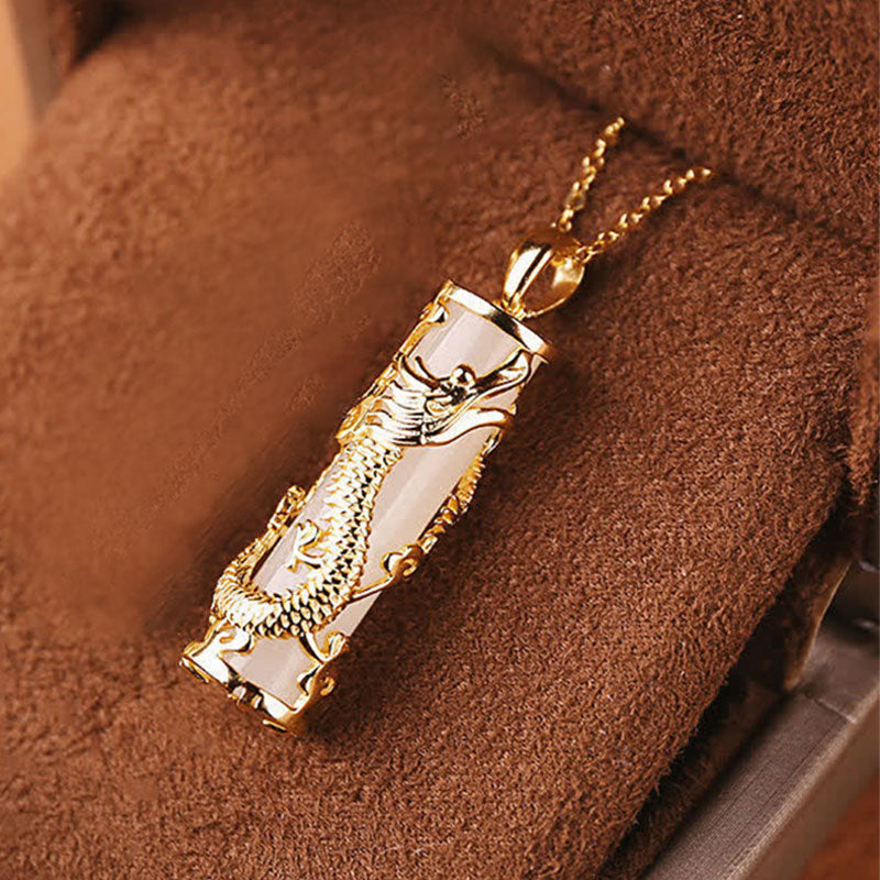 Hand-Carved White Jade and Copper Dragon or Phoenix Harmony Pendant Necklace