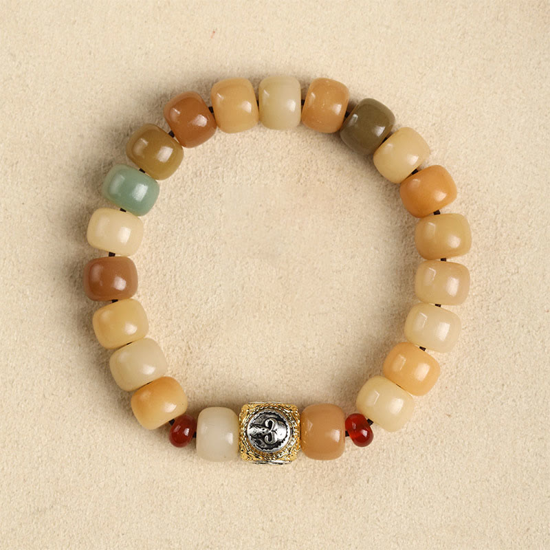 Natural Bodhi Seed & Red Sandalwood Om Mani Padme Hum Citipati Kapala Bracelet