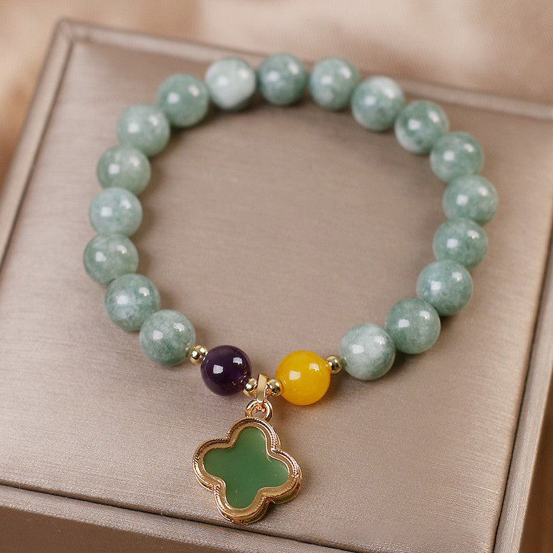 Handmade Natural Jade Four Leaf Clover Adjustable Bracelet