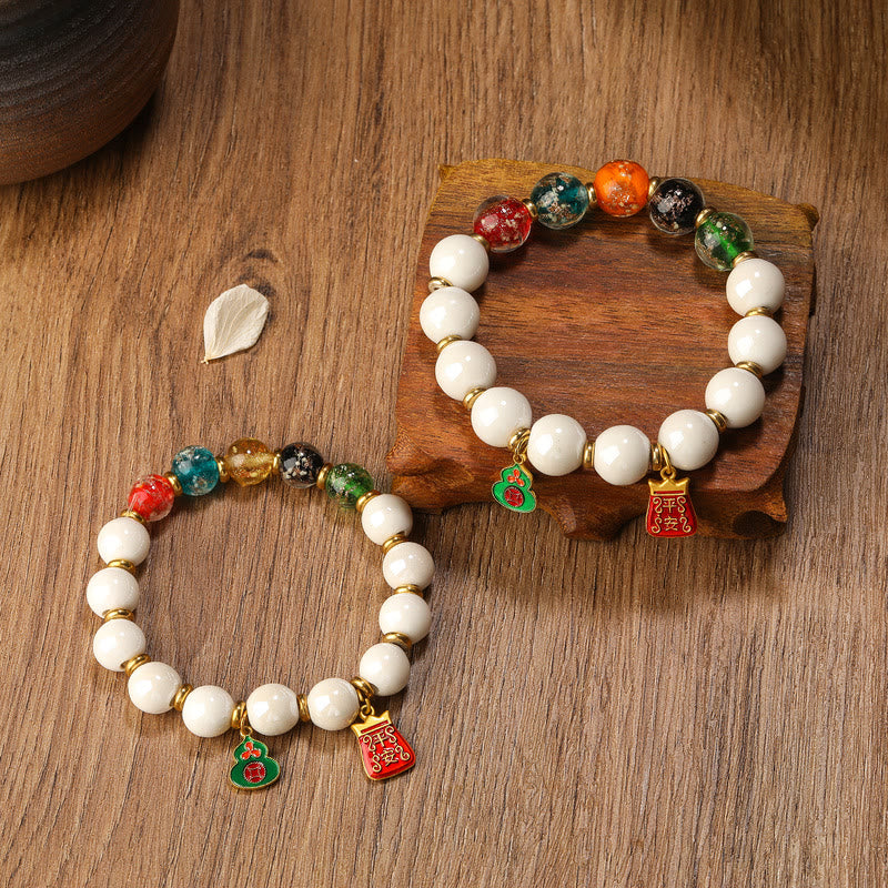Luminous Liuli Glass & Tibetan Porcelain Beaded Bracelet with Wu Lou Copper Coin Charm