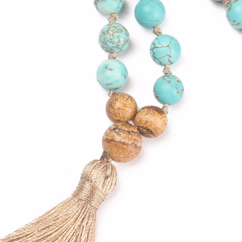 108 Mala Beads Turquoise Picture Jasper Wisdom Tassel Bracelet