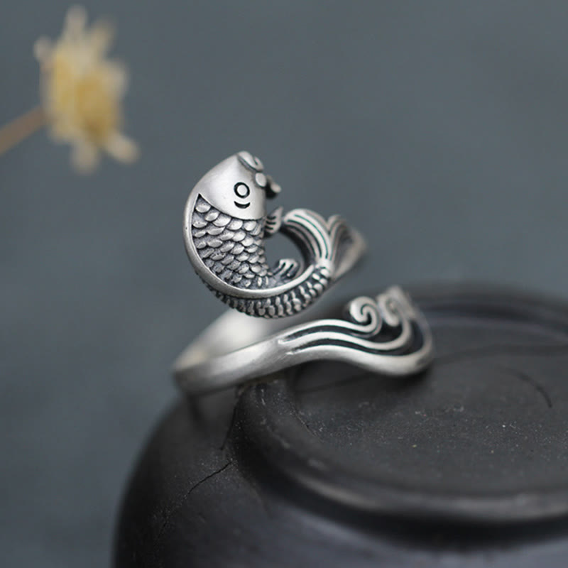925 Sterling Silver Koi Fish Water Ripple Adjustable Ring