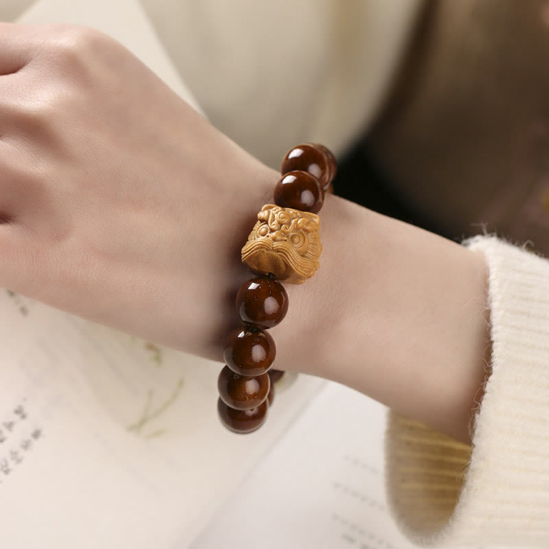 Handcrafted Purple Bodhi Seed Guardian Lion Lotus Beaded Bracelet