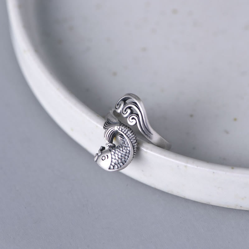 925 Sterling Silver Koi Fish Water Ripple Adjustable Ring