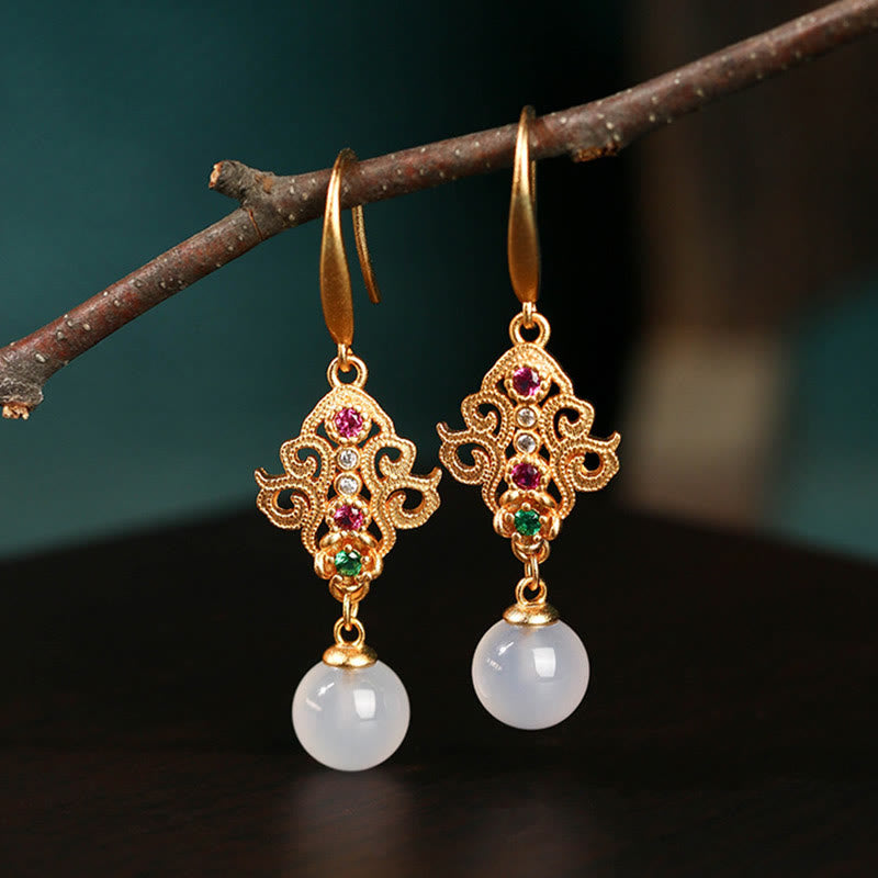 24K Gold Plated Round Chalcedony Positive Dangle Drop Earrings