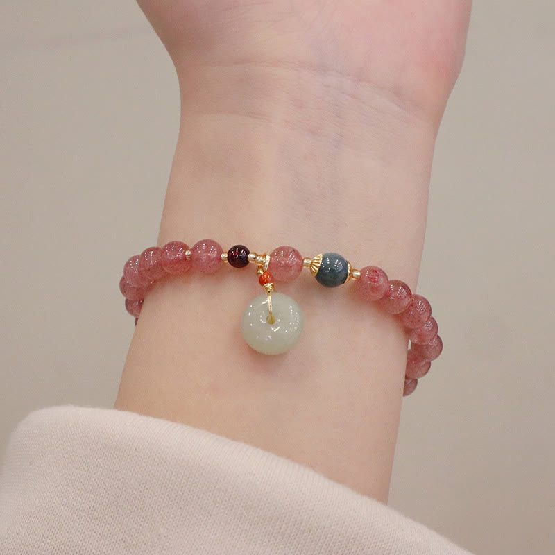 Natural Hetian Jade & Strawberry Quartz Beaded Bracelet with Clear Quartz