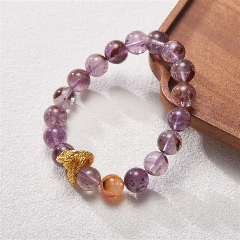 Purple Phantom & Red Hematoid Quartz Gold-Plated Copper Dragon Beaded Bracelet