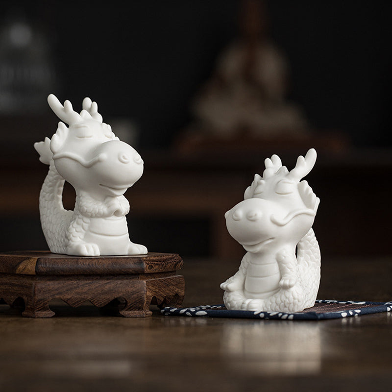 Year Of The Dragon Luck White Porcelain Ceramic Tea Pet Home Figurine Decoration