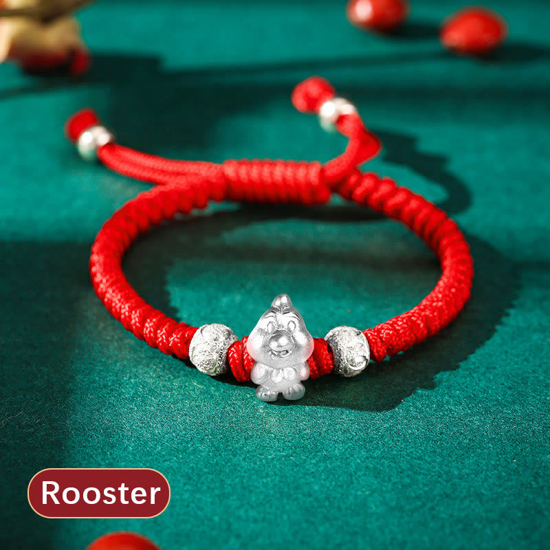 Handcrafted 999 Sterling Silver Chinese Zodiac Vajra Knot Red String Kids Bracelet