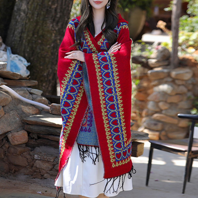 Tibetan Shawl Red Love Heart Tassel Hooded Cloak Winter Cozy Travel Scarf Wrap