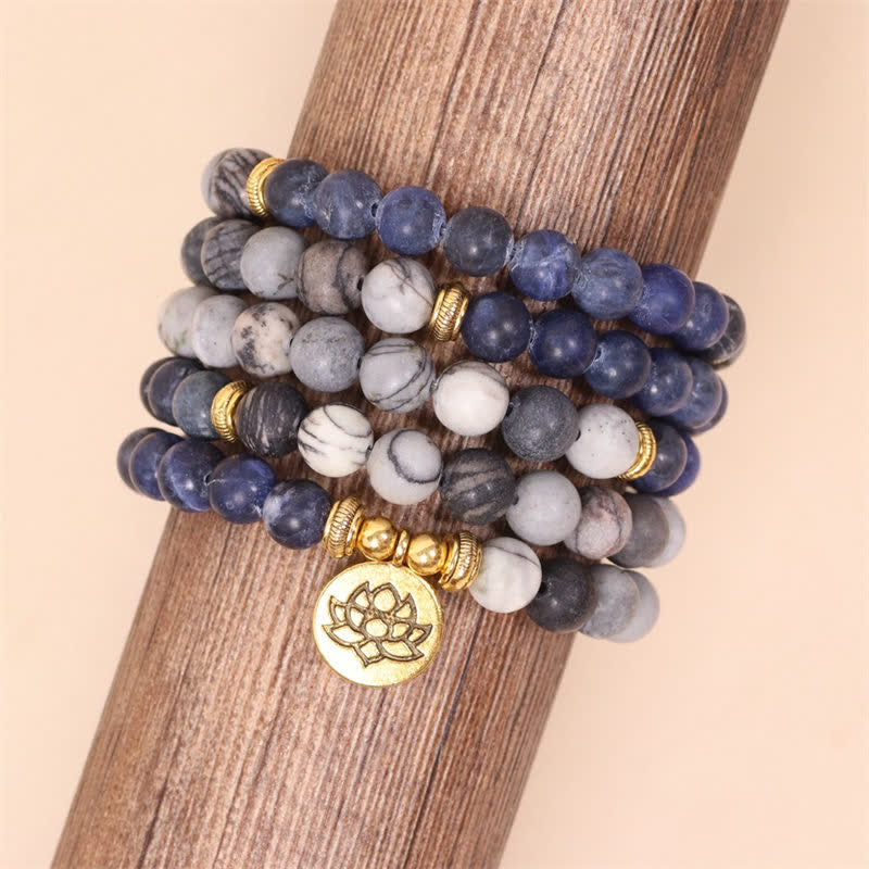 108 Mala Beads Sodalite Zebra Jasper Crystal Lotus Strength Bracelet
