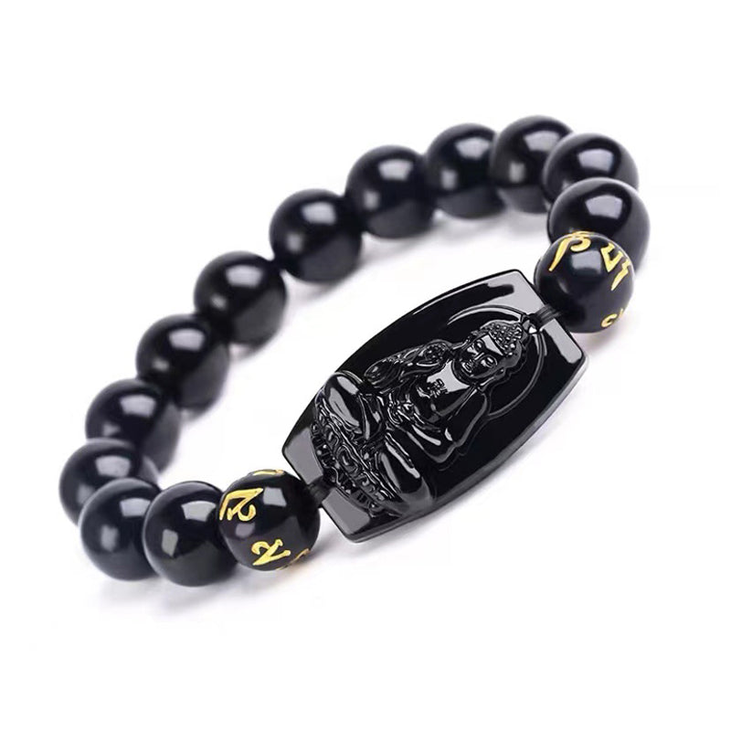 Hand-Carved Black Obsidian Om Mani Padme Hum Chinese Zodiac Beaded Bracelet